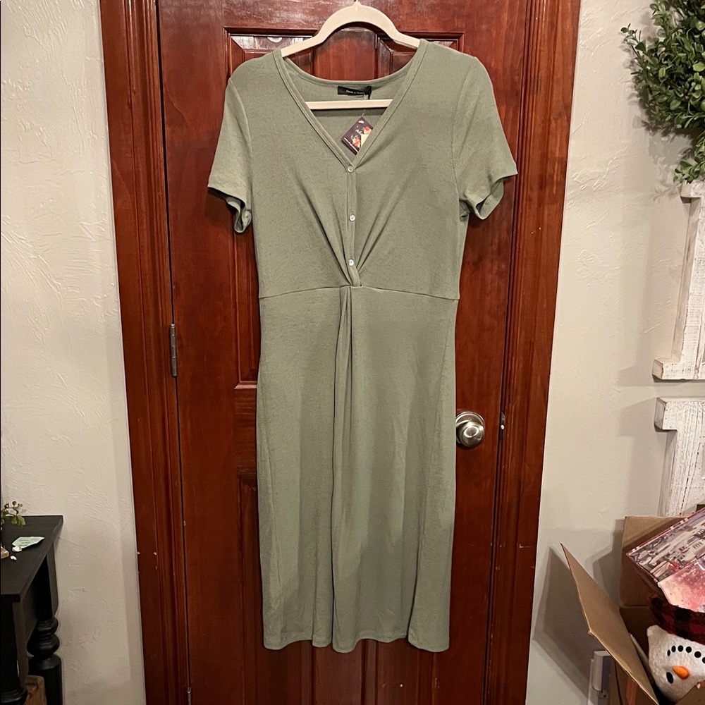 Doe & Rae Olive Midi Dress with Button Detail